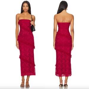 MORE TO COME | NWT Xandra Maxi Dress in Red Strapless Lace Ruffle Midi S